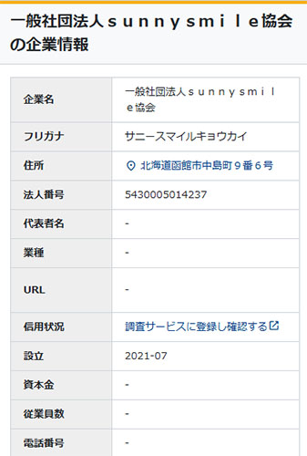 SunnySmileProject(サニースマイル)の運営会社【一般社団法人sunnysmile協会】登記情報