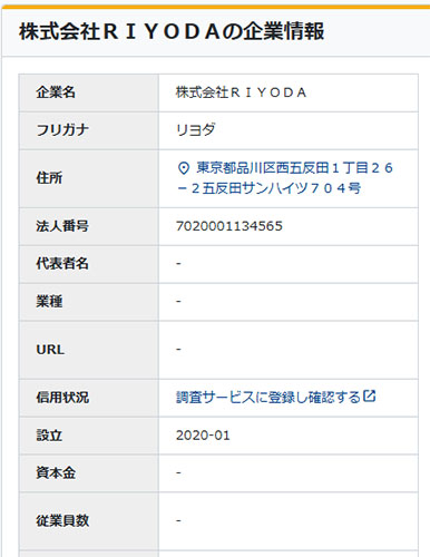 株式会社RIYODAの登記情報を調査!